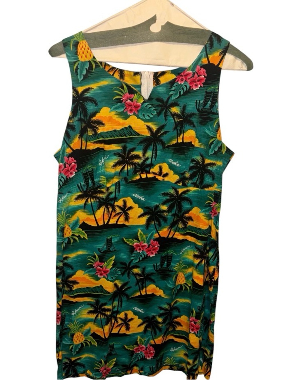 Sleeveless Tropical Hawaii Aloha  Dress in Teal and Yellow.